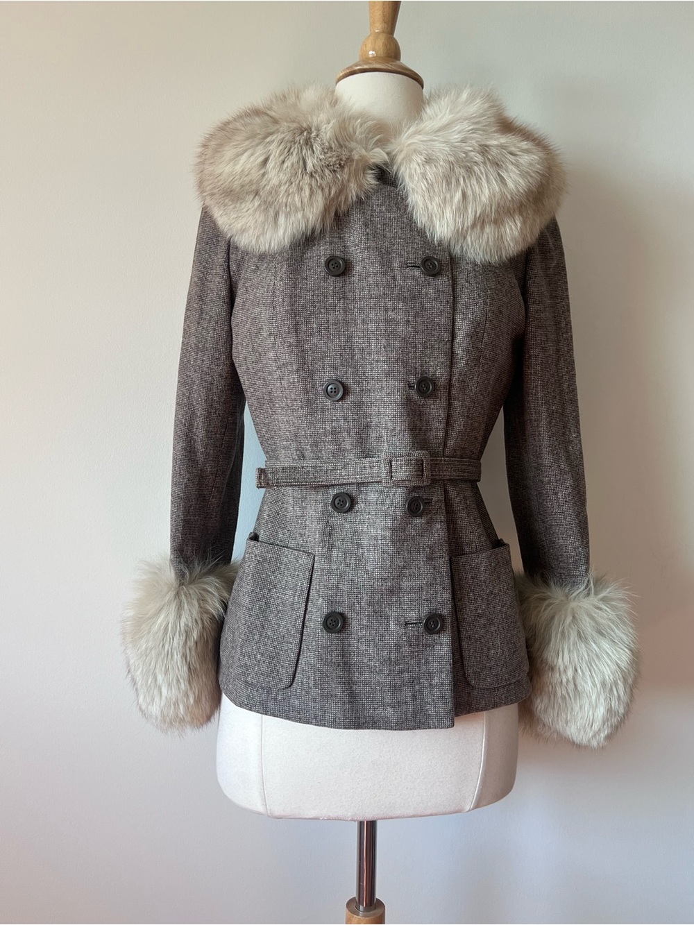 Vintage 1970s wool belted coat with fur collar and cuffs.  Size XS/S